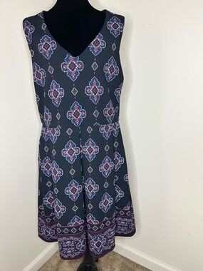 Banana Republic Navy Blue Sleeveless Midi Dress with Purple Medallion Print